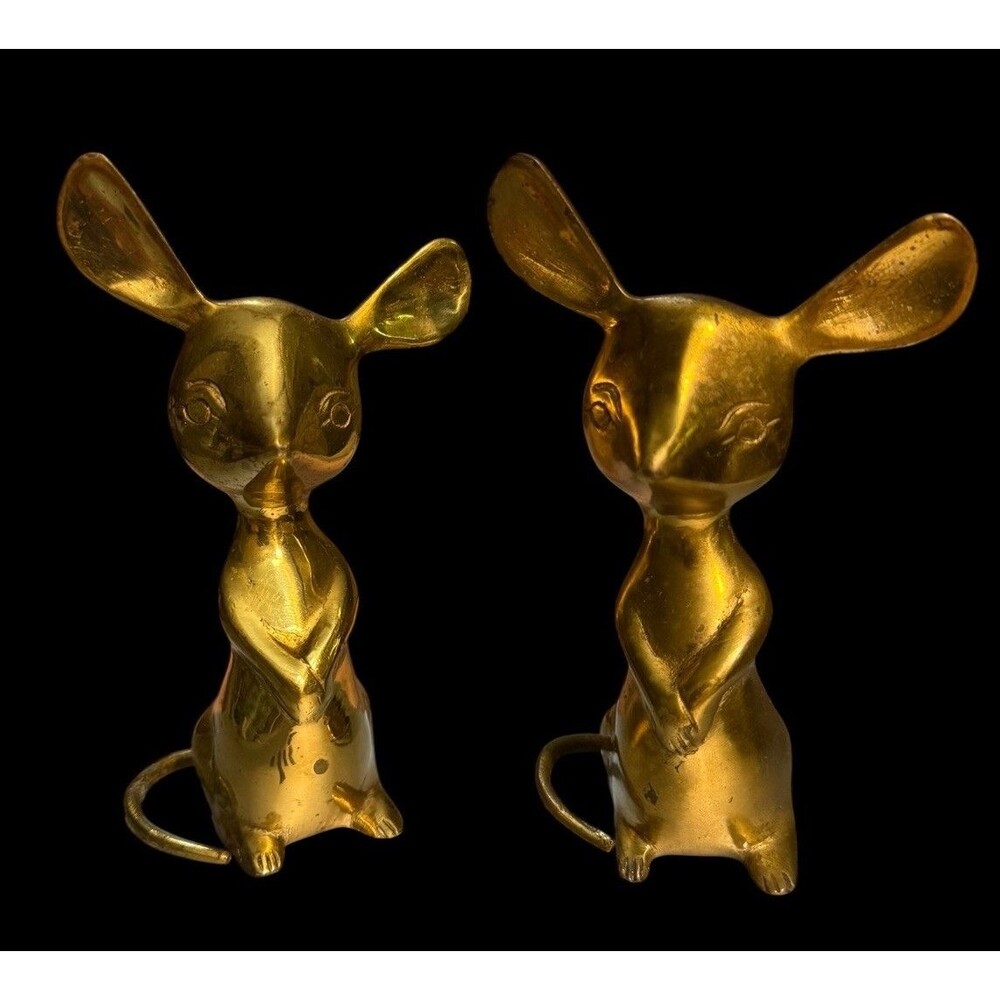 Vintage Brass Big Ear Mouse Figurines 5.5" Made in India Mid Century Modern MCM